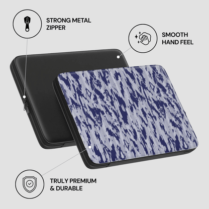 Blue camouflage laptop case with text highlighting features on a gray background
