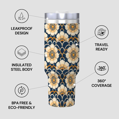 Tumbler with floral design and features listed on a gray background