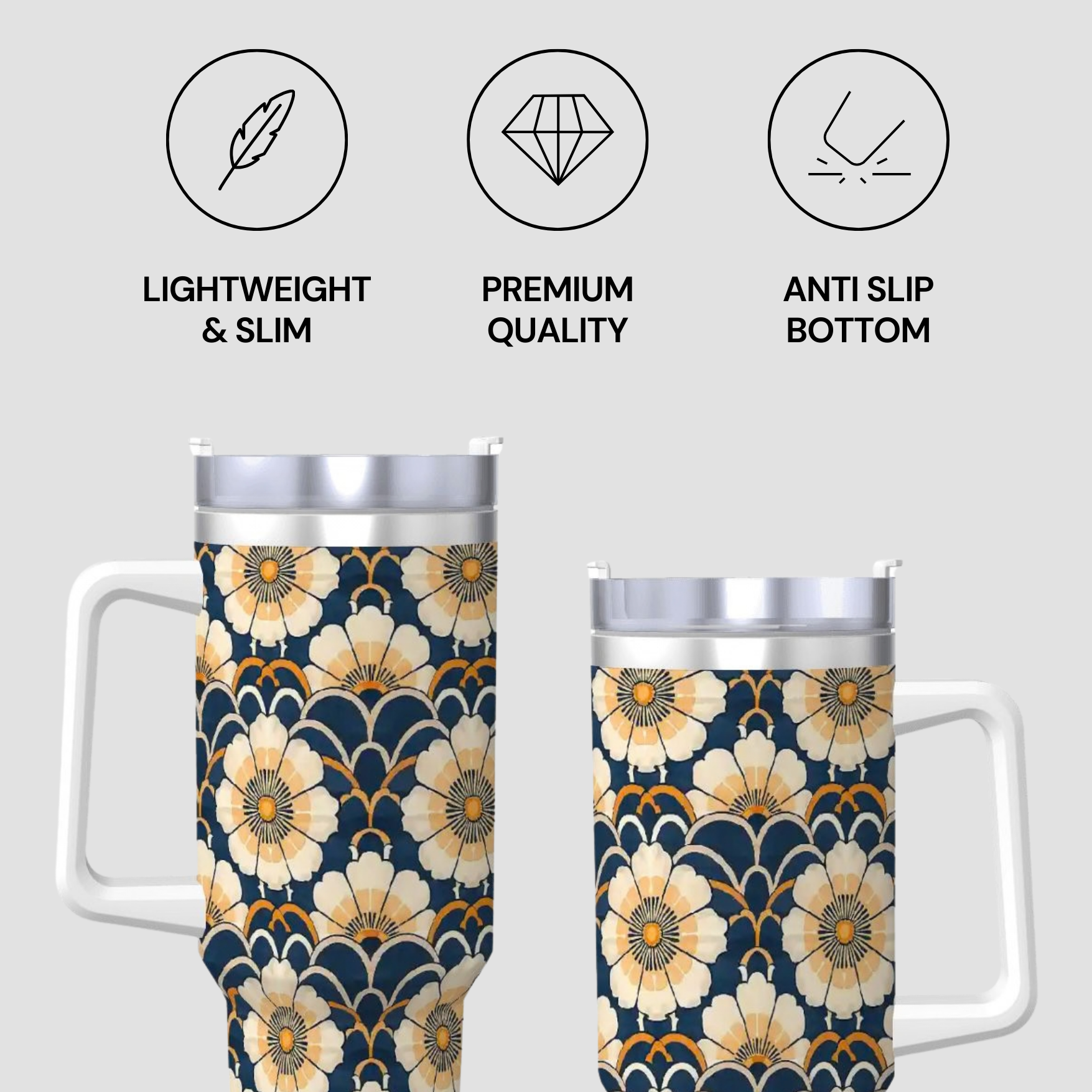 Two floral-patterned tumblers with features listed above them on a light gray background.