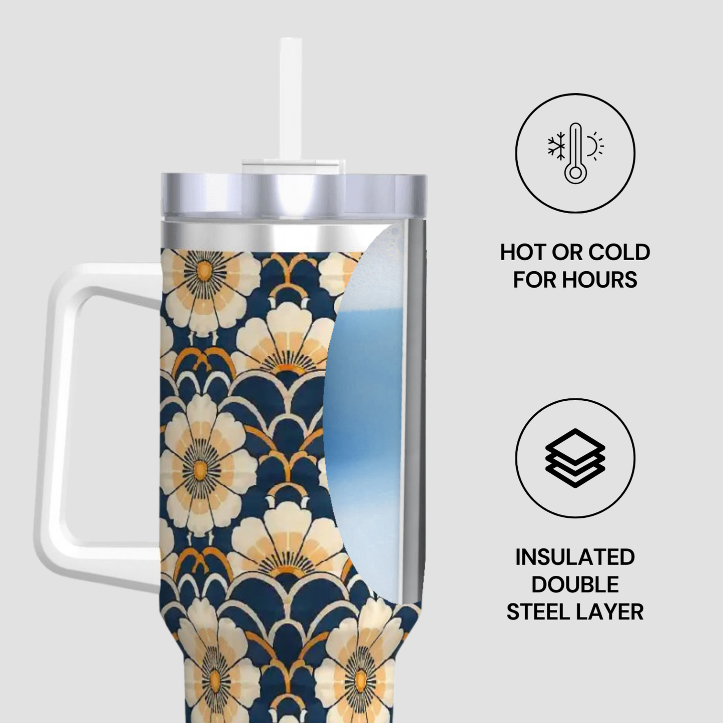 Insulated tumbler with floral design on a white background
