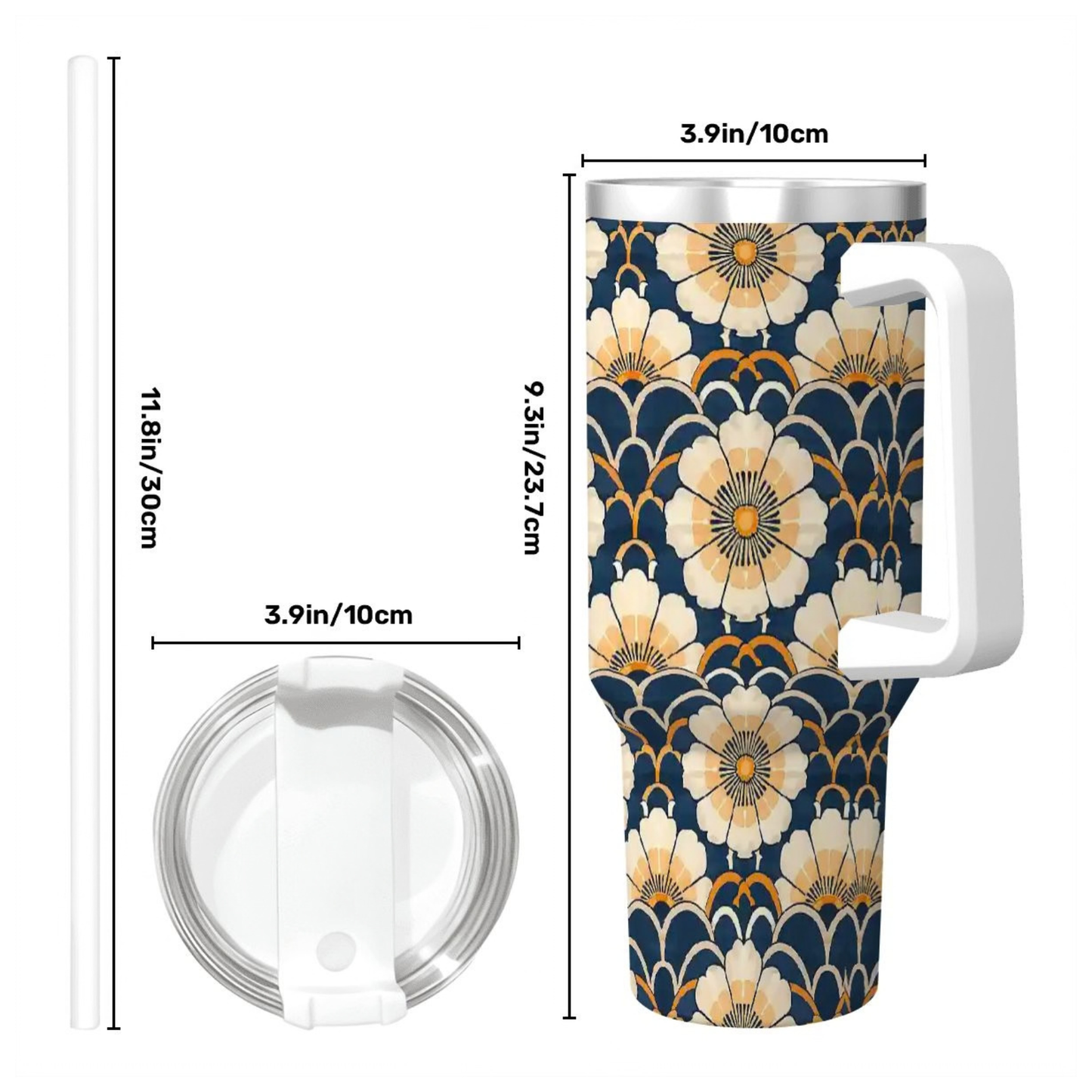 Floral-patterned tumbler with measurements on a white background