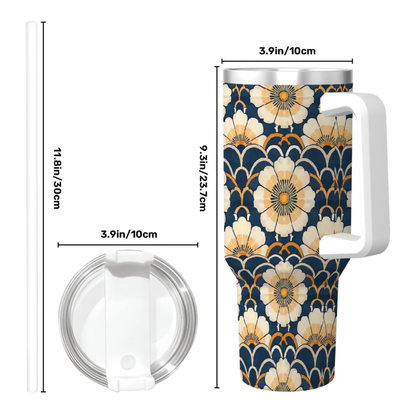 Floral-patterned tumbler with measurements on a white background