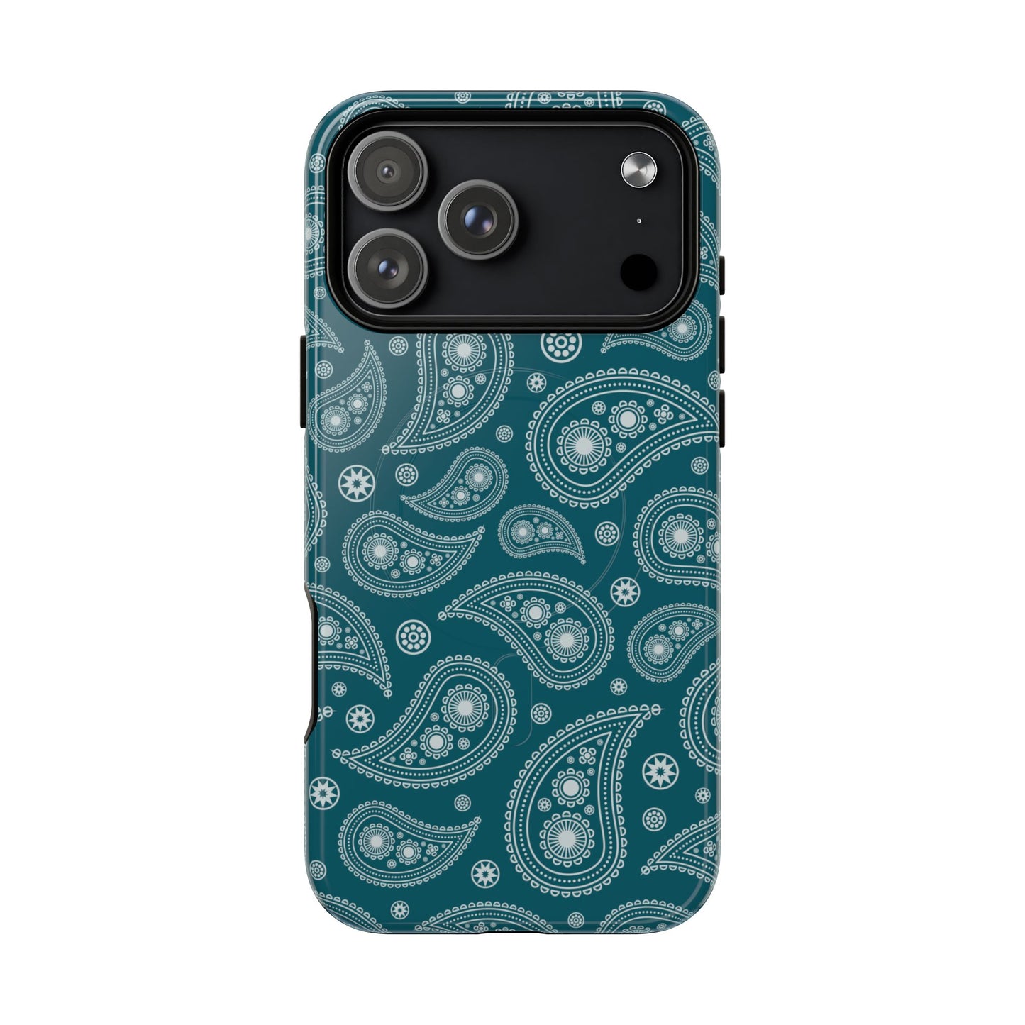 Phone case with white paisley pattern on a teal background