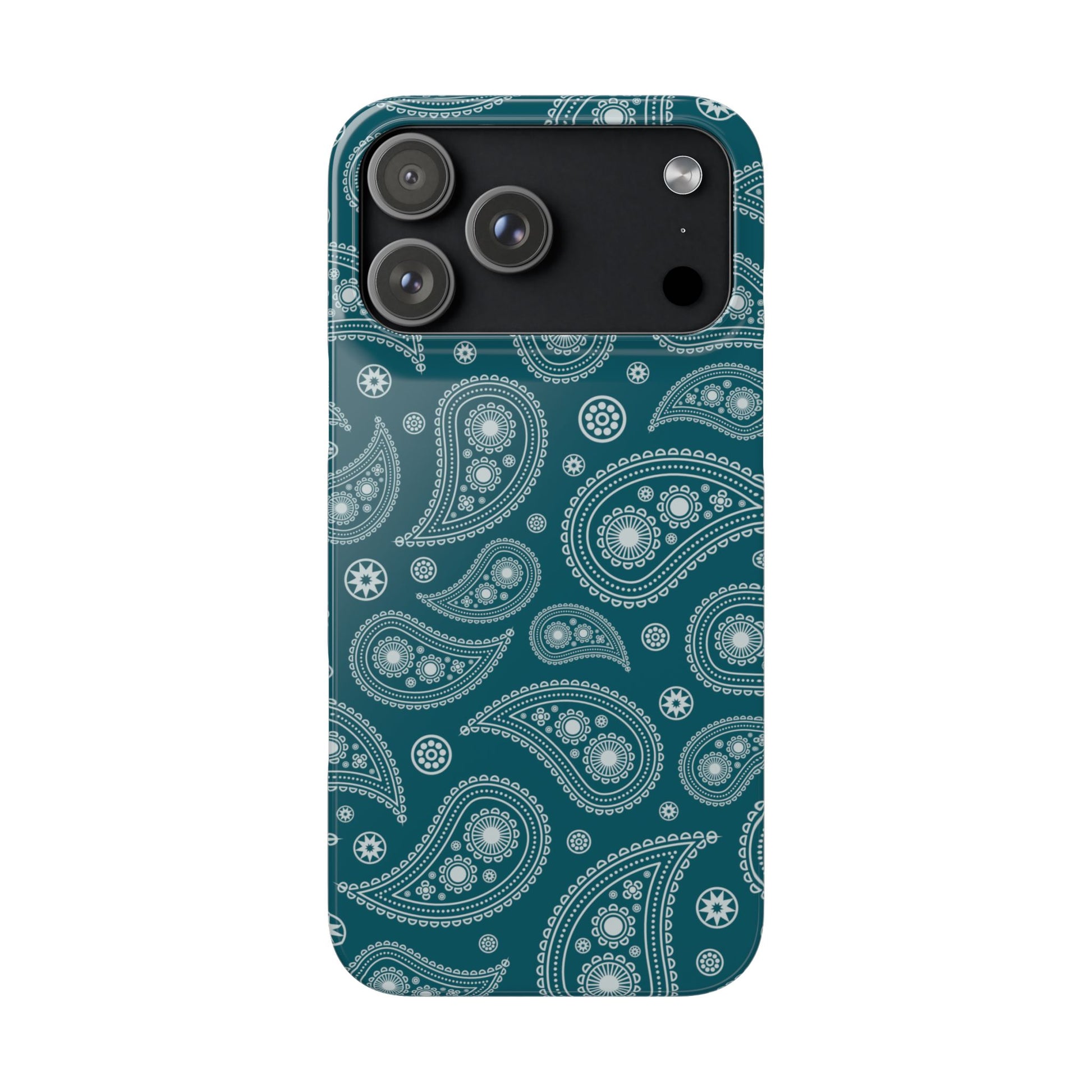Phone case with white paisley pattern on a teal background