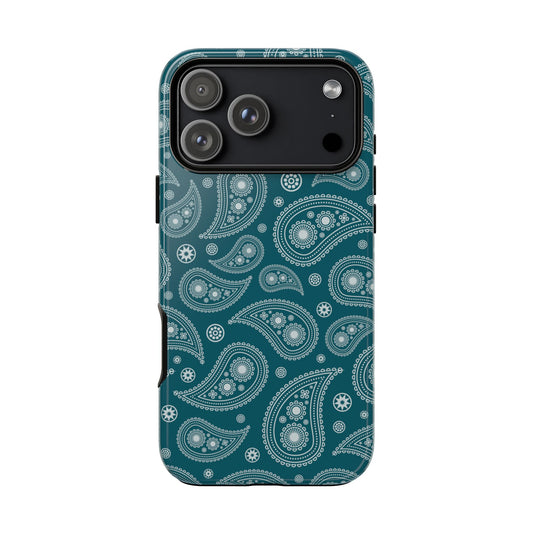Phone case with a blue and white paisley pattern on a white background
